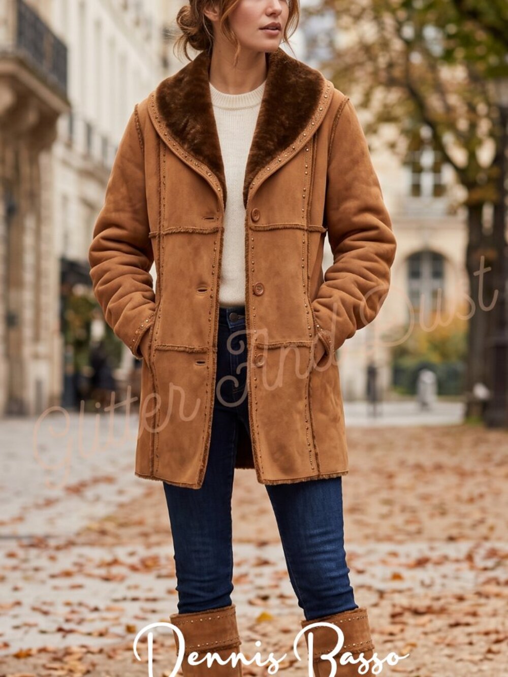 Dennis Basso Suede Sherpa Patchwork Coat